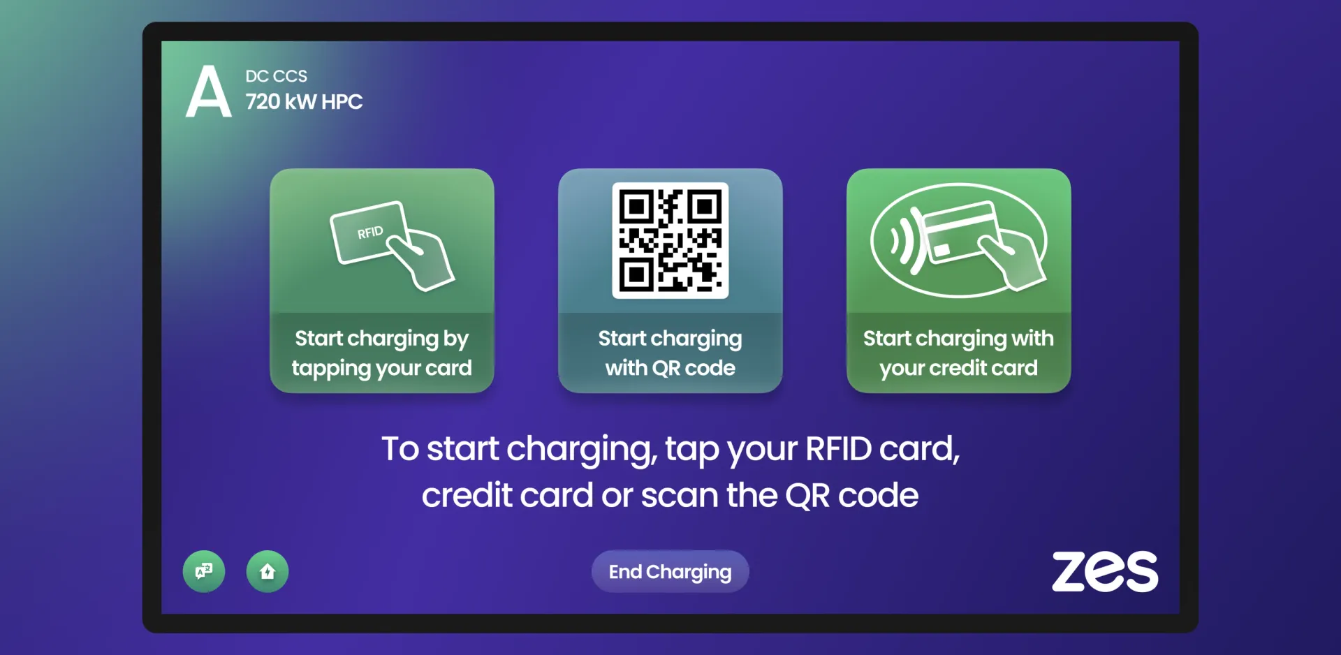 Zes charging kiosk start screen: tap an RFID card, scan a QR code or pay by credit card