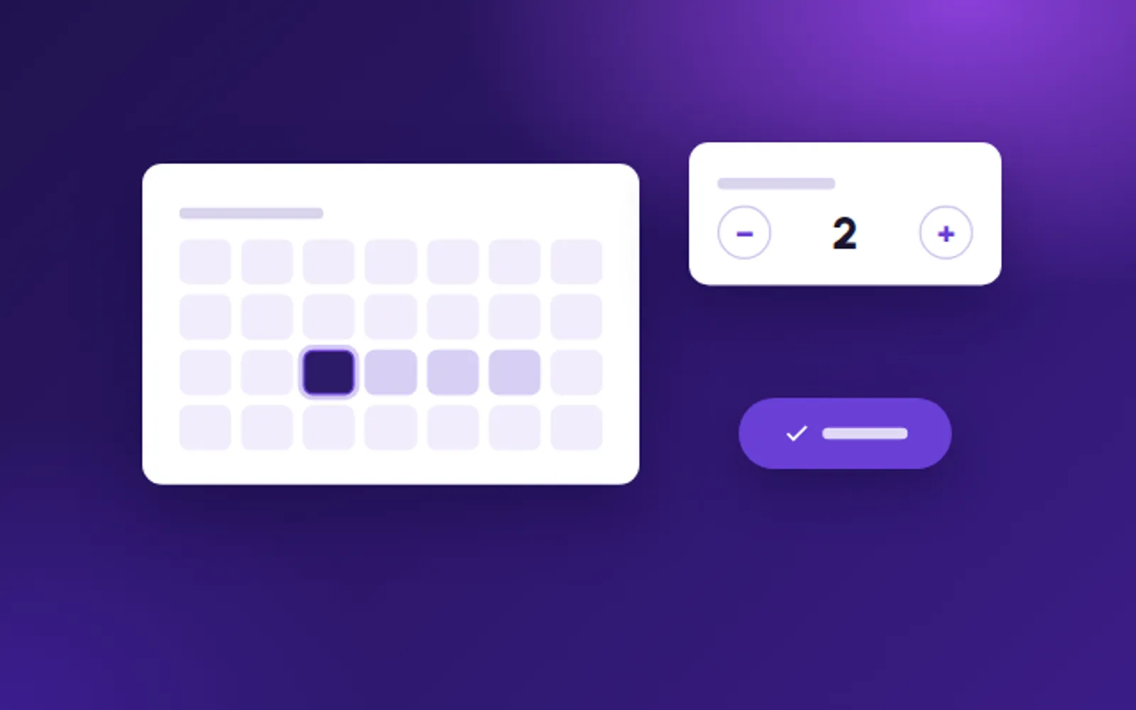 Illustration: a booking calendar with a focused date, a guest counter and a Book button