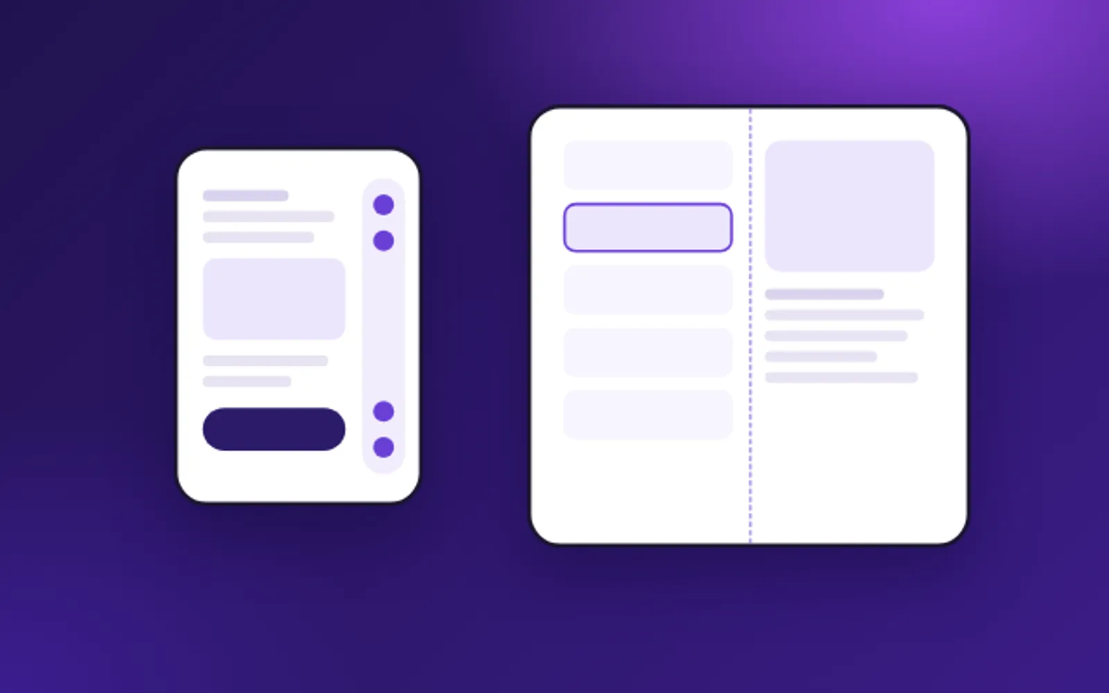 Illustration: a foldable phone, closed with its controls on the right edge, and open with a list and its detail side by side